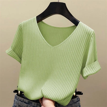 Women's Summer Blouse V-Neck Knitted Short Sleeve Top