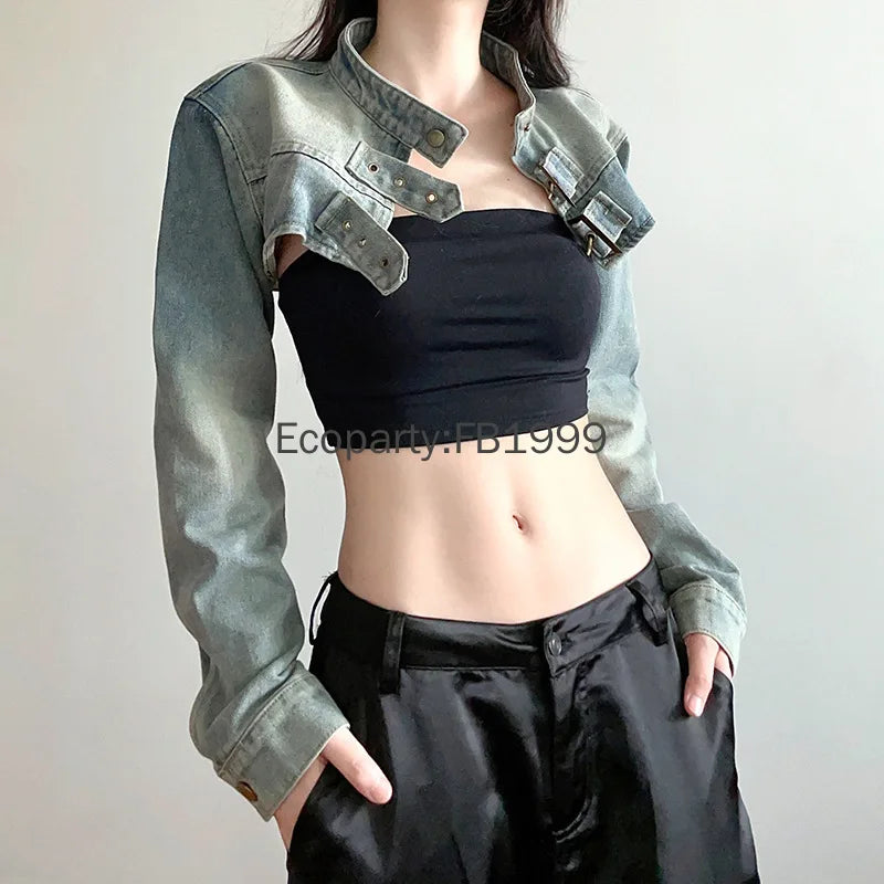 Women Fashion Denim Jacket Y2K Aesthetic Vintage Sexy Crop Tops Coat Japanese Harajuku Streetwear Female Spring Summer Outerwear