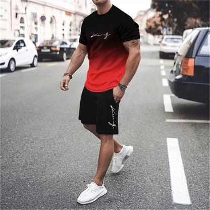 Men's 3D Gradient T-shirt and Shorts Set - Casual Sportswear