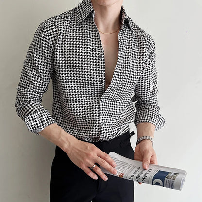 Men's Korean Houndstooth Slim Fit Dress Shirt