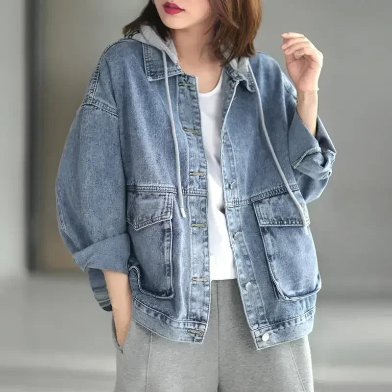 Korean Denim Jacket Women Hooded Vintage