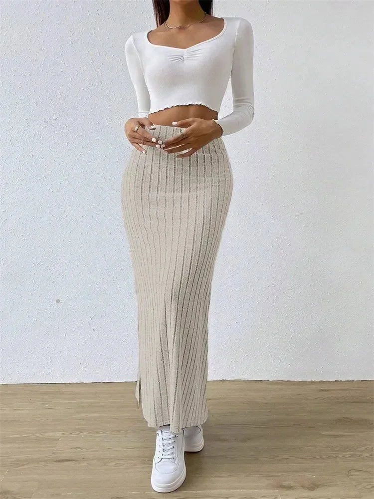 Women's Rib-knit Side Split Maxi Skirt - Long Skirt
