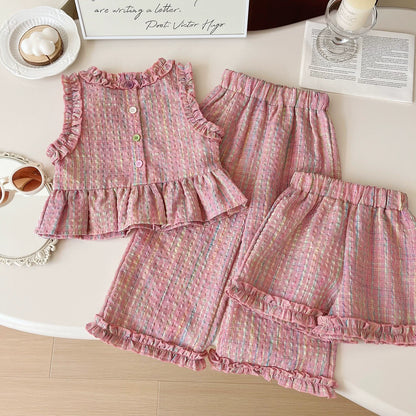 Girls 3-Piece Summer Set - Plaid Sleeveless Top, Wide Leg Pants & Shorts (2T-7T)