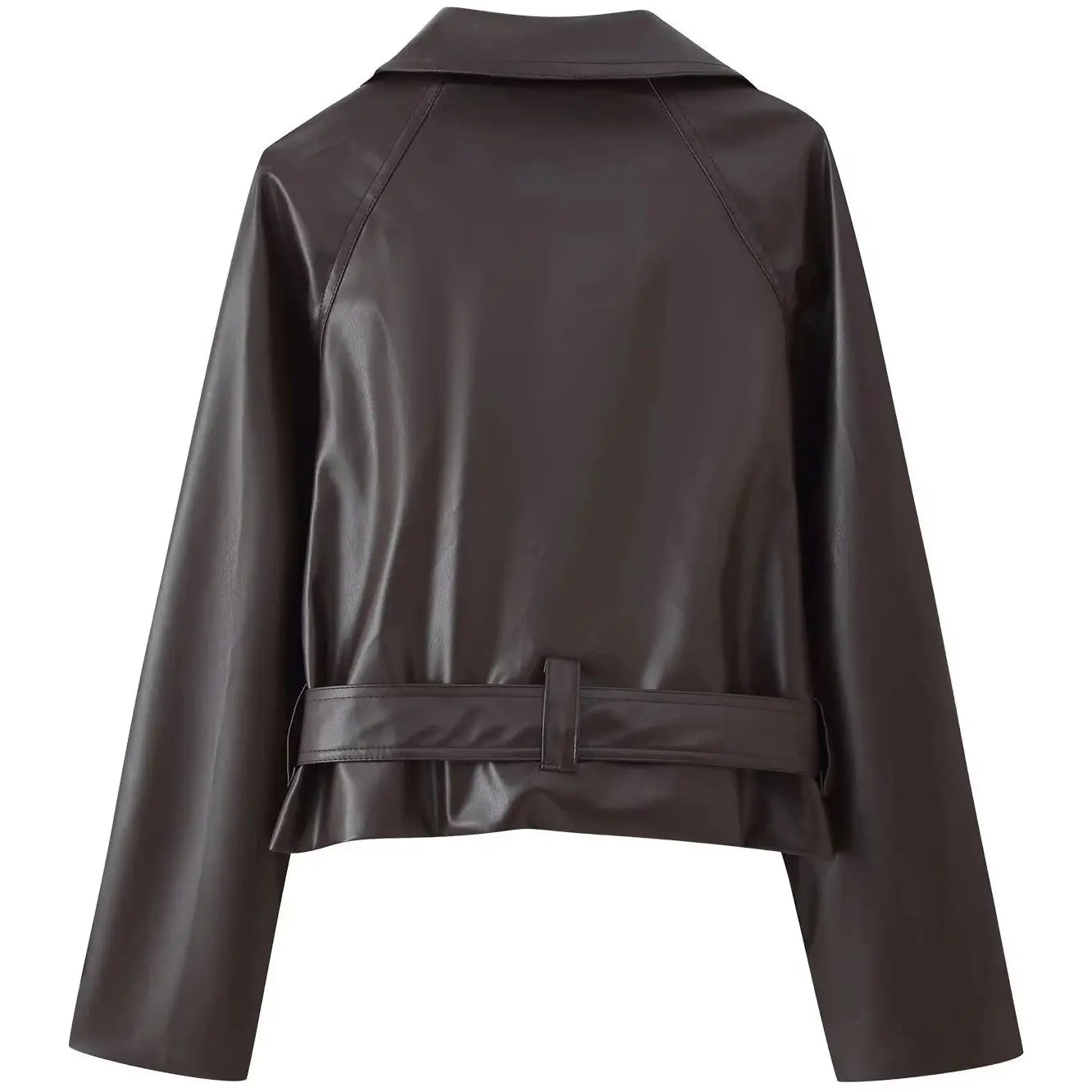 Women's Cropped Leather Jacket - Belt Lapel Double-Breasted Coat