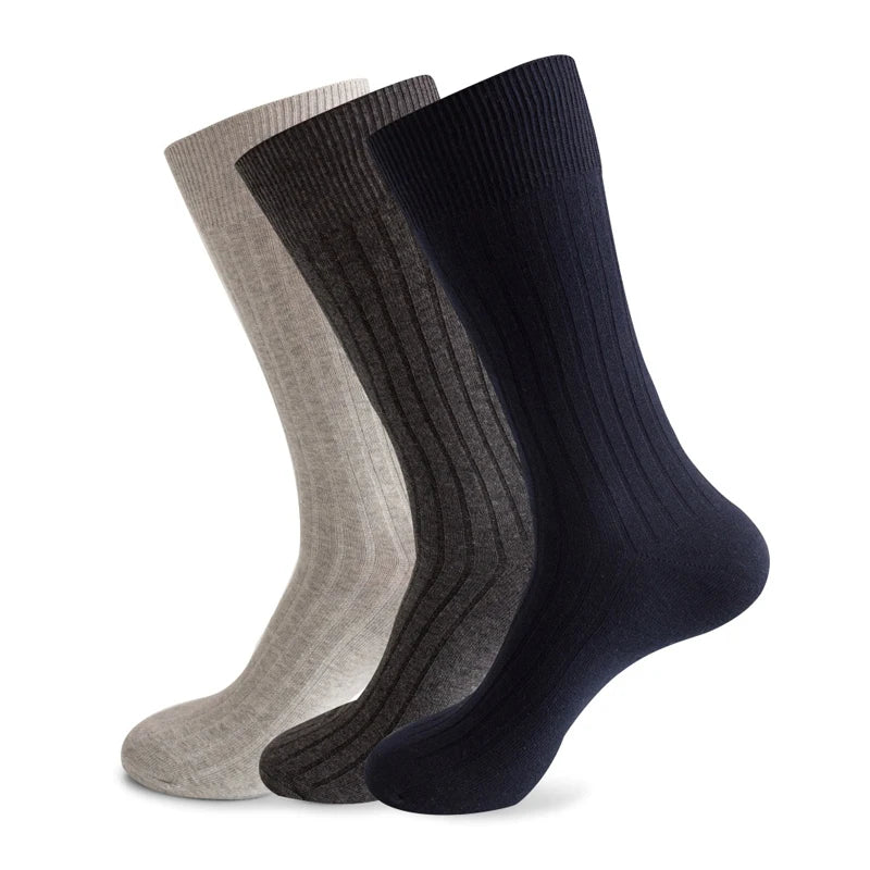 Men's Long Business Socks - Combed Cotton Striped Dress