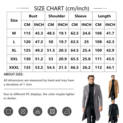 Men's Long Trench Coat - Slim-Fit Wool Jacket