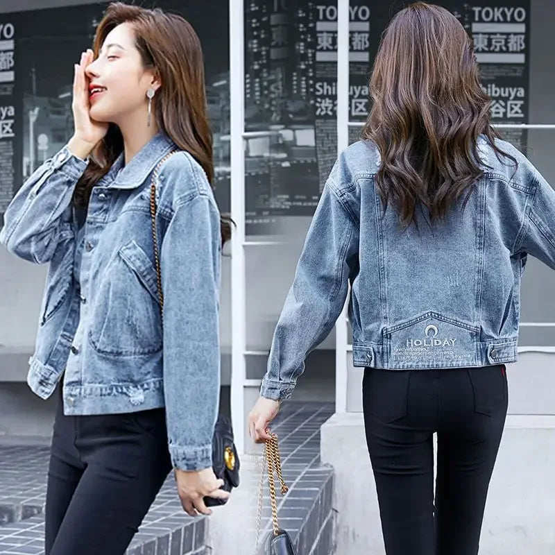 Spring Autumn Denim Jacket for Women Crop Plain Small Short Y2k Clothes Chic and Elegant Cowboy Coat Woman in Promotion New