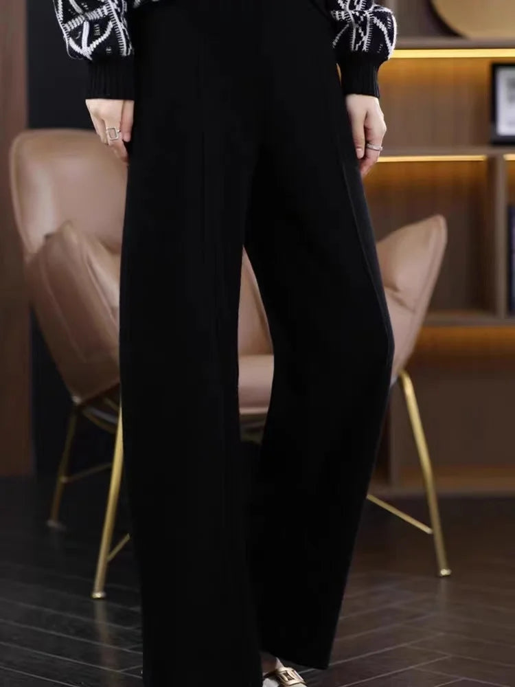 Women Pants Full Length Elastic Waist Knitted Wide Leg