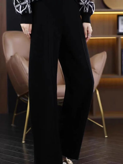 Women Pants Full Length Elastic Waist Knitted Wide Leg