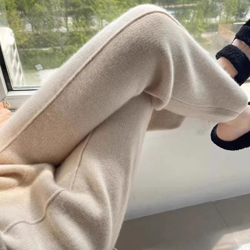 Women Pants Full Length Elastic Waist Knitted Wide Leg