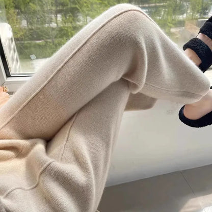 Women Pants Full Length Elastic Waist Knitted Wide Leg