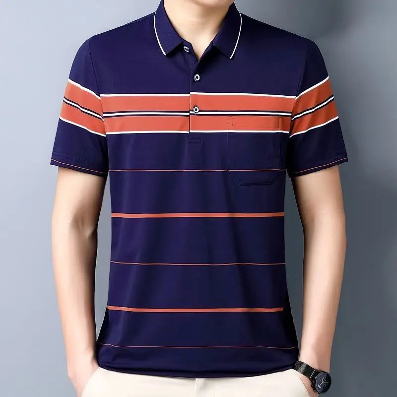 Short-sleeved T-shirt  Men Casual Versatile Loose Striped Real Pocket Lapel Polo Shirt Daddy Suit
