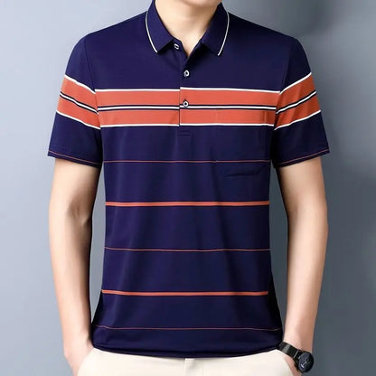 Short-sleeved T-shirt  Men Casual Versatile Loose Striped Real Pocket Lapel Polo Shirt Daddy Suit