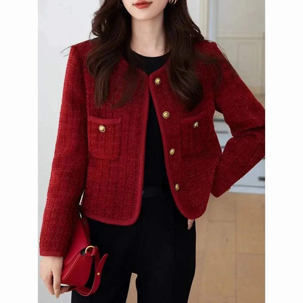 Women's Jacket 2026 Spring Autumn Red Tweed Small Fragrance