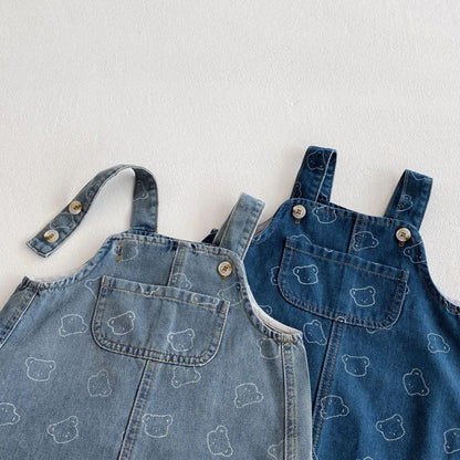 New Spring Summer 2025 Dress Toddler Girls' Suspenders Dress Cute Bear Printing Denim Dress For Baby Girls 1 To 8 Years Old