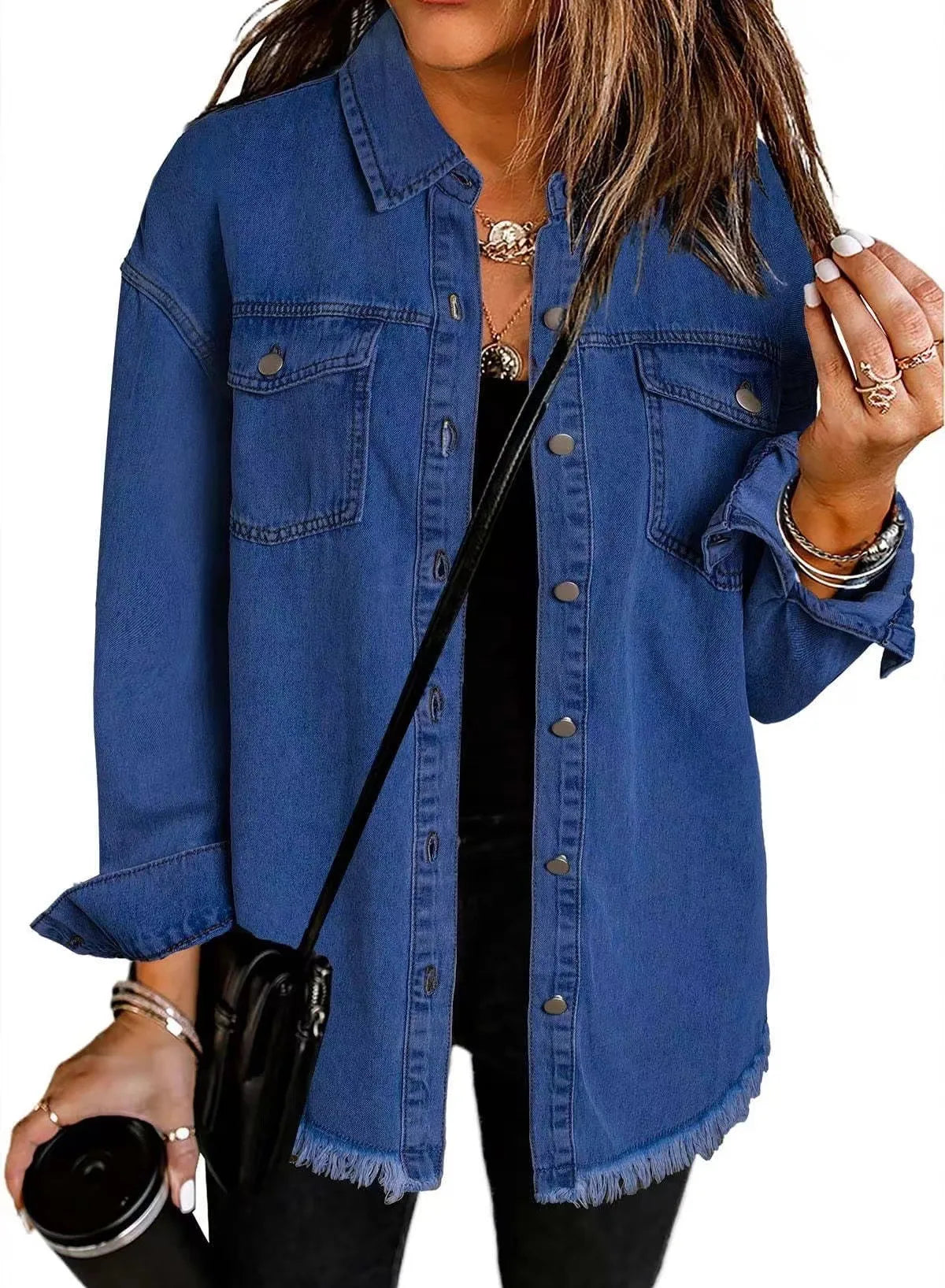 New washed denim shirt jacket for women autumn and winter personality street style edged hem jacket for women