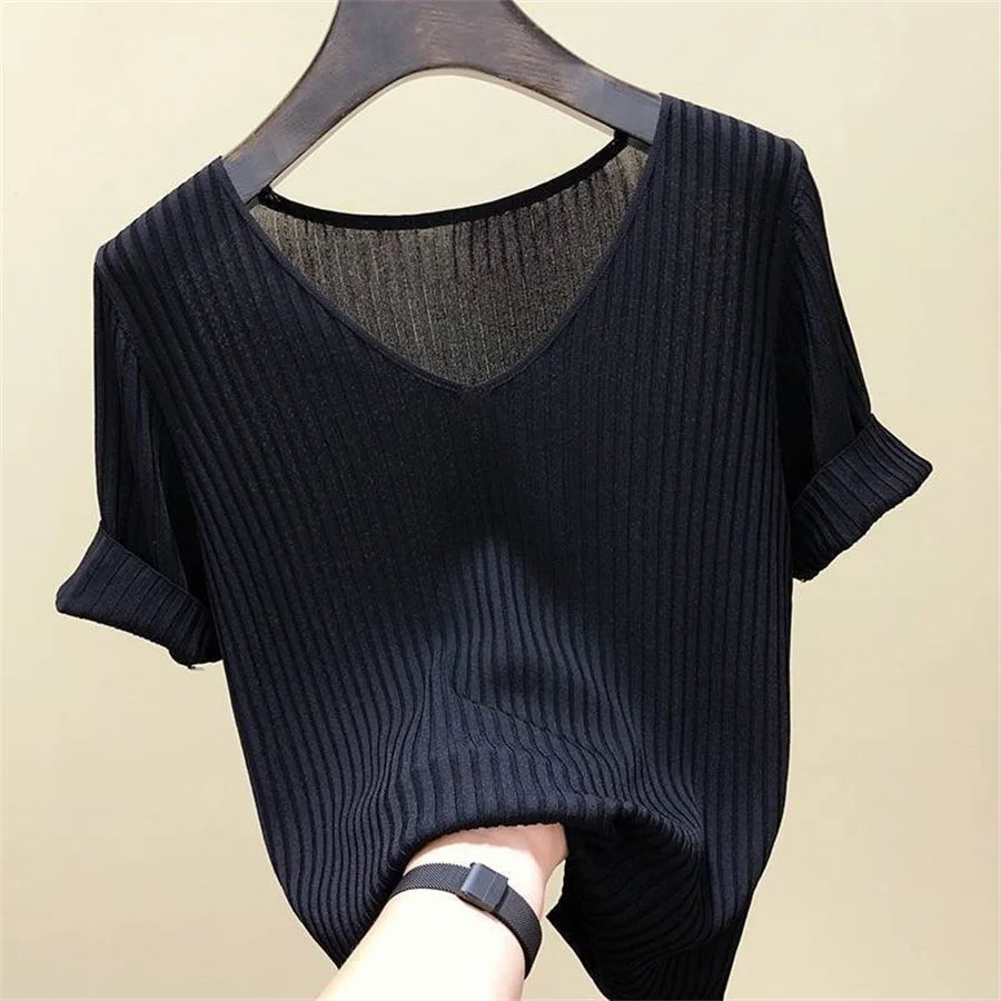 Women's Summer Blouse V-Neck Knitted Short Sleeve Top