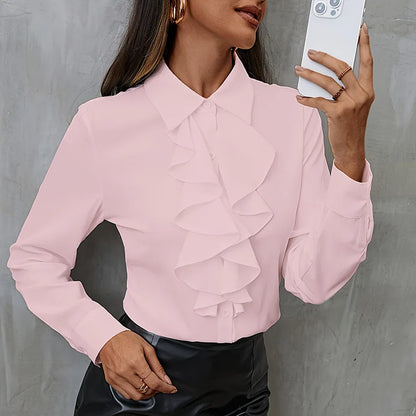 Elegant Women Blouse Ruffled Long Sleeve Office Shirt