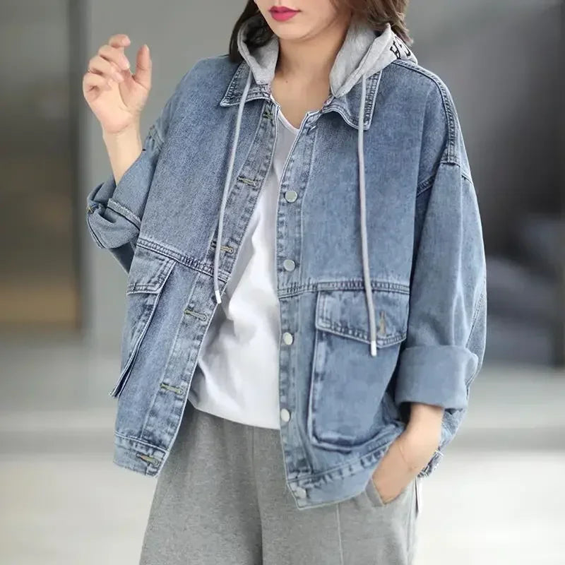 Korean Denim Jacket Women Hooded Vintage