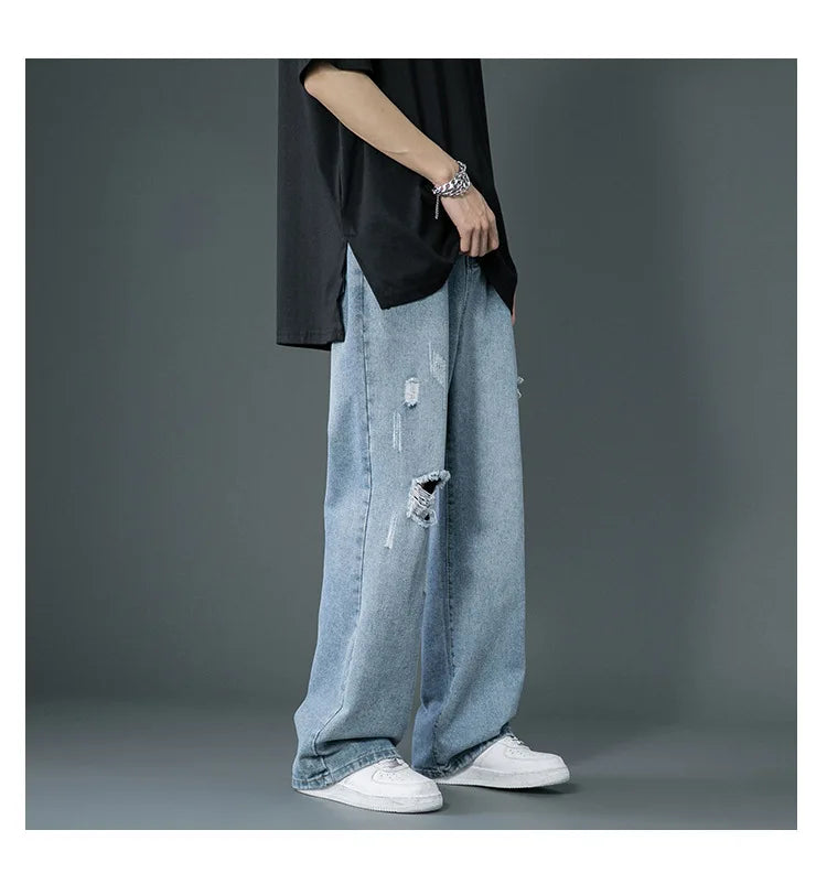 Ripped Jeans Men Ins Trendy - Straight Leg Loose Wide Leg