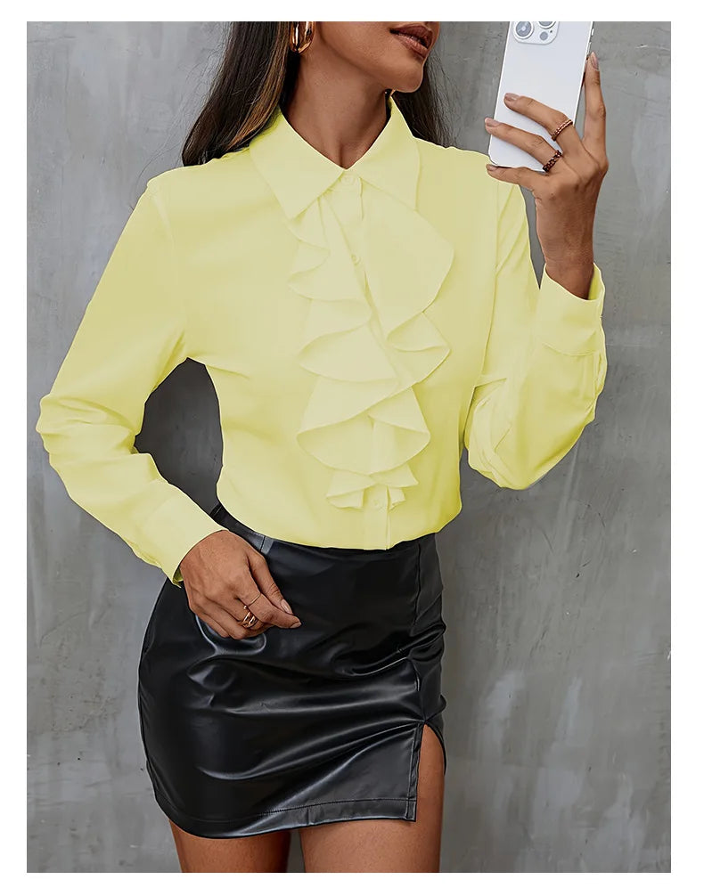 Elegant Women Blouse Ruffled Long Sleeve Office Shirt