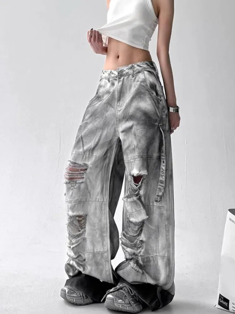 Women Jeans American High Street Ripped Straight Wide-Leg