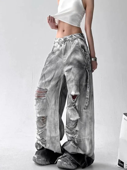 Women Jeans American High Street Ripped Straight Wide-Leg