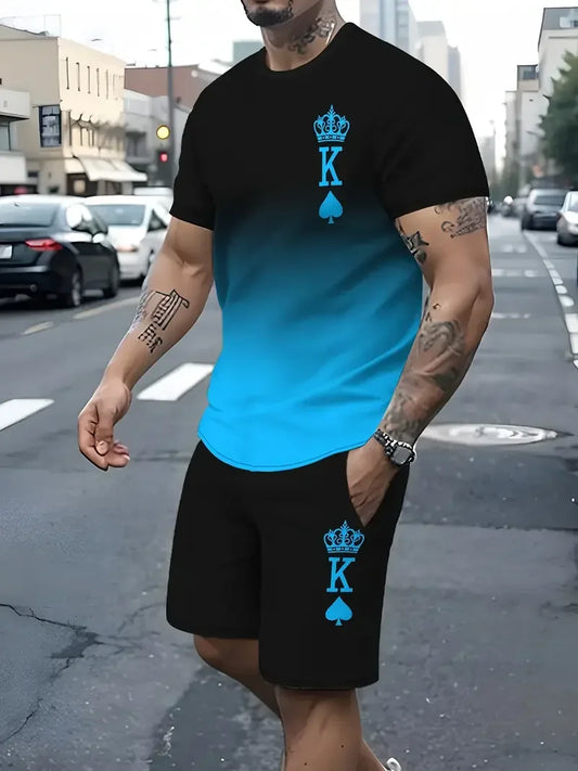 Men's 3D Gradient T-shirt and Shorts Set - Casual Sportswear