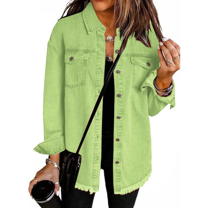 New washed denim shirt jacket for women autumn and winter personality street style edged hem jacket for women