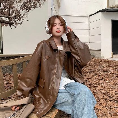 College Style PU Leather Jacket for Women 2025 Spring and Autumn New Loose Windproof Leather Jacket