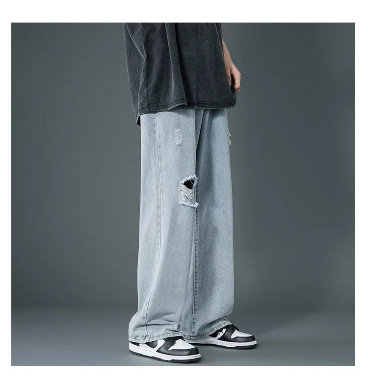 Ripped Jeans Men Ins Trendy - Straight Leg Loose Wide Leg