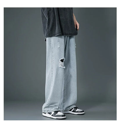 Ripped Jeans Men Ins Trendy - Straight Leg Loose Wide Leg