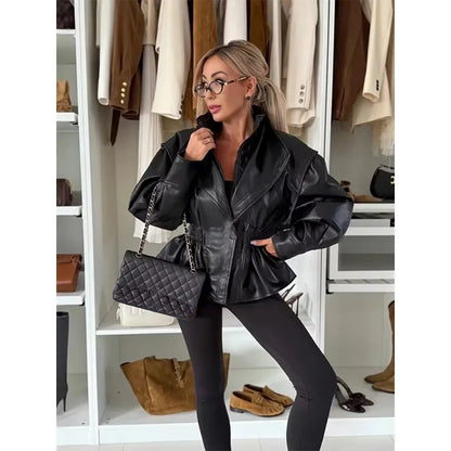 Qadınlar üçün Dəri Jaket Belə Bağlı Vintage V-Yaxalı Palto Zərif Gündəlik Payız Topları Trend 2025 Məhsulları Qadın Geyimləri