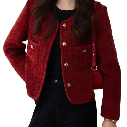 Women's Jacket 2026 Spring Autumn Red Tweed Small Fragrance