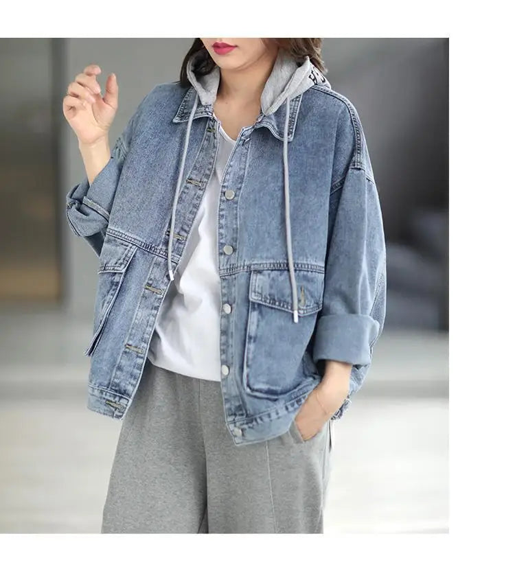 Korean Denim Jacket Women Hooded Vintage