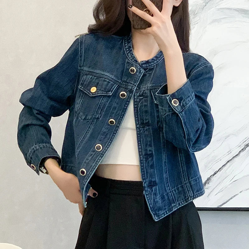 Vintage Women's O-Neck Denim Jacket Y2K