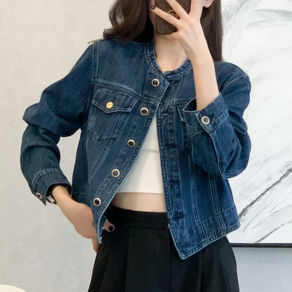 Vintage Women's O-Neck Denim Jacket Y2K