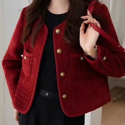 Women's Jacket 2026 Spring Autumn Red Tweed Small Fragrance