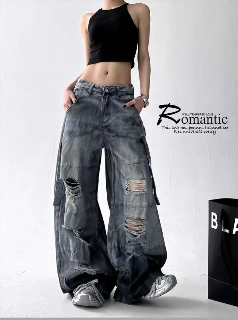 Women Jeans American High Street Ripped Straight Wide-Leg