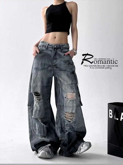 Women Jeans American High Street Ripped Straight Wide-Leg