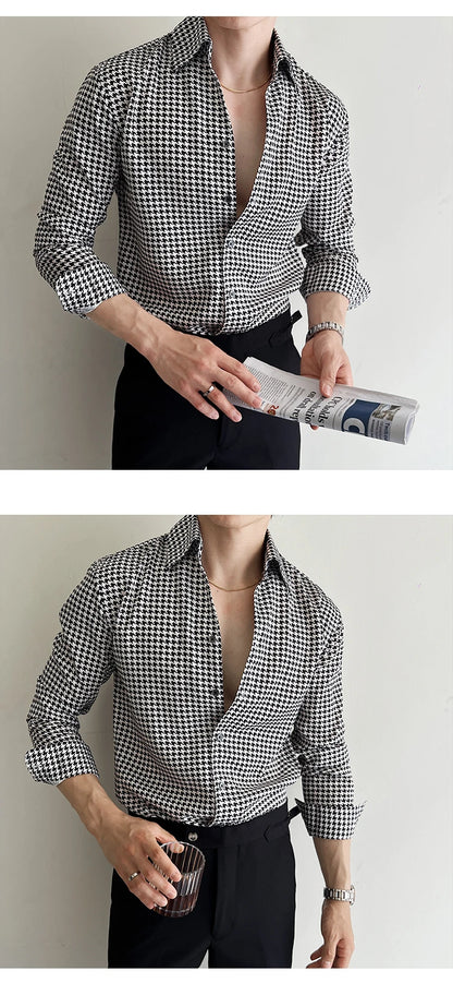 Men's Korean Houndstooth Slim Fit Dress Shirt