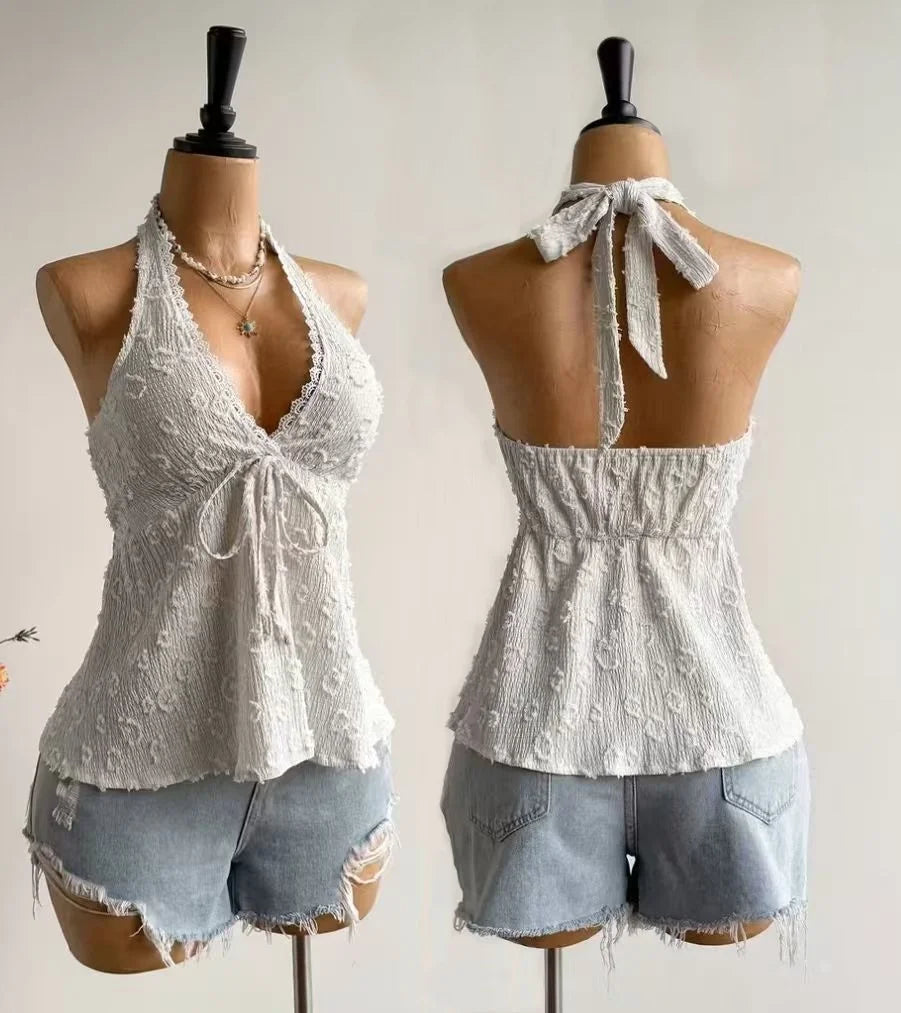 Women's V-Neck Lace Top - Summer Beach Vacation Top