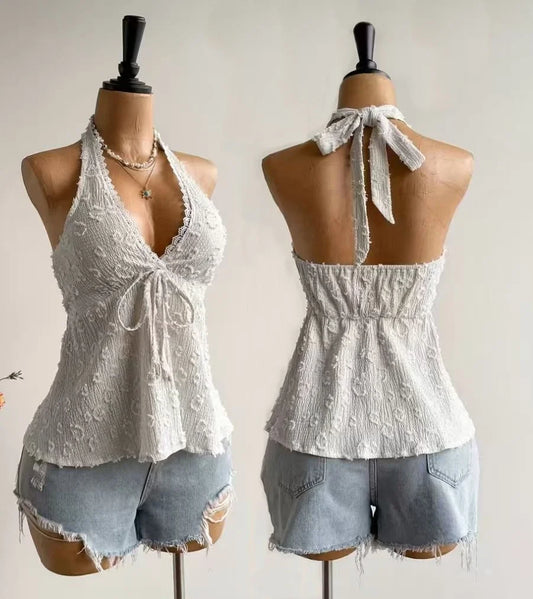 Women's V-Neck Lace Top - Summer Beach Vacation Top