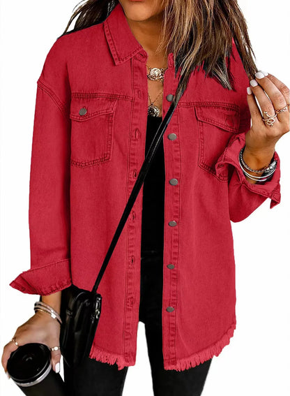 New washed denim shirt jacket for women autumn and winter personality street style edged hem jacket for women