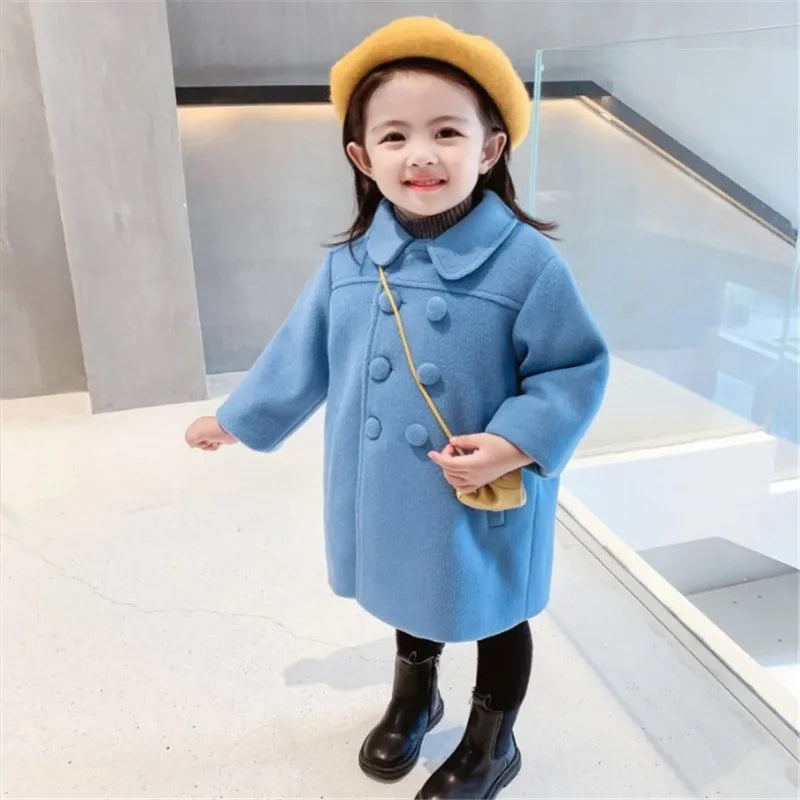Girls Tweed Coat - Mid-Length Padded Double-Breasted Winter