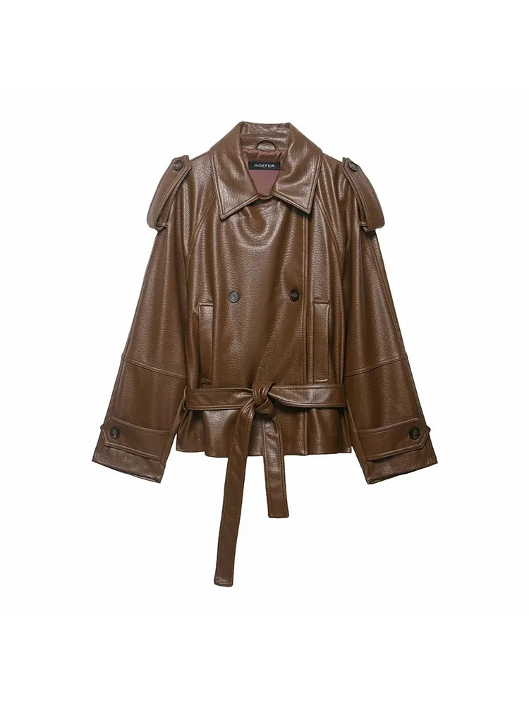 Women Faux Leather Jackets Women's With Belt Coat Outwear Streetwear Fashion Elegant Female Jackets Trench Coat