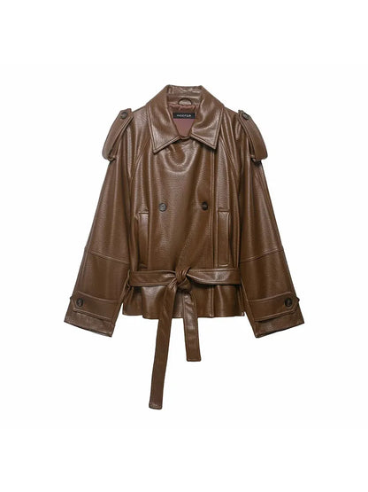 Women Faux Leather Jackets Women's With Belt Coat Outwear Streetwear Fashion Elegant Female Jackets Trench Coat