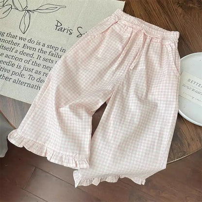 Girls' Bow Top & Plaid Wide Leg Pants Set - Premium
