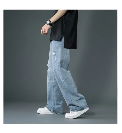 Ripped Jeans Men Ins Trendy - Straight Leg Loose Wide Leg
