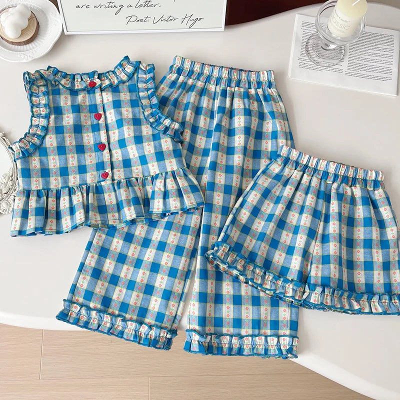Girls 3-Piece Summer Set - Plaid Sleeveless Top, Wide Leg Pants & Shorts (2T-7T)